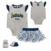 Newborn Heather Gray/Navy Seattle Seahawks All Dolled Up Three-Piece Bodysuit, Skirt & Booties Set