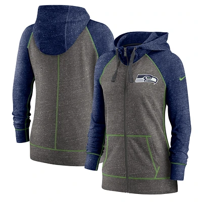Sweat à capuche Nike chiné anthracite Seattle Seahawks grande taille Gym Vintage Raglan fermeture éclair intégrale pour femme