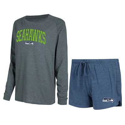 Ensemble de salon Concepts Sport pour femmes, t-shirt et short à manches longues raglan, bleu marine/charbon, Seattle Seahawks