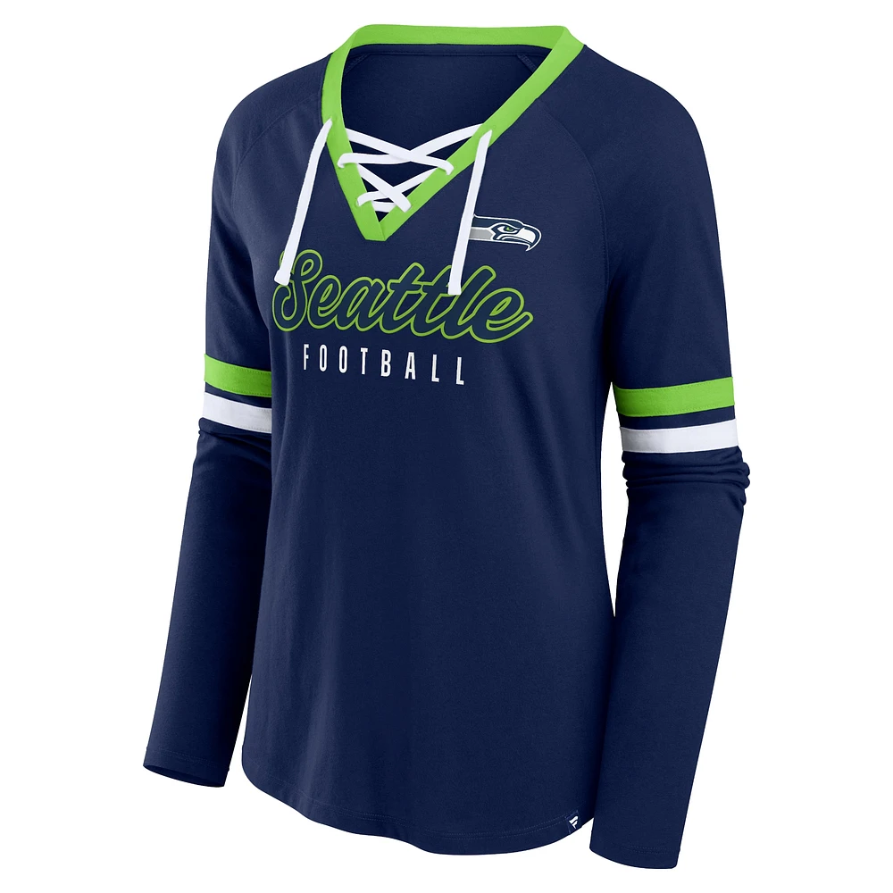 Women's Fanatics College Navy Seattle Seahawks Won and Done Lace-Up Long Sleeve Fashion Top