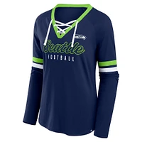 Women's Fanatics College Navy Seattle Seahawks Won and Done Lace-Up Long Sleeve Fashion Top