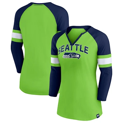 T-shirt fanatiques pour femmes vert fluo/bleu marine universitaire Seattle Seahawks Arch Raglan à manches 3/4 et col cranté