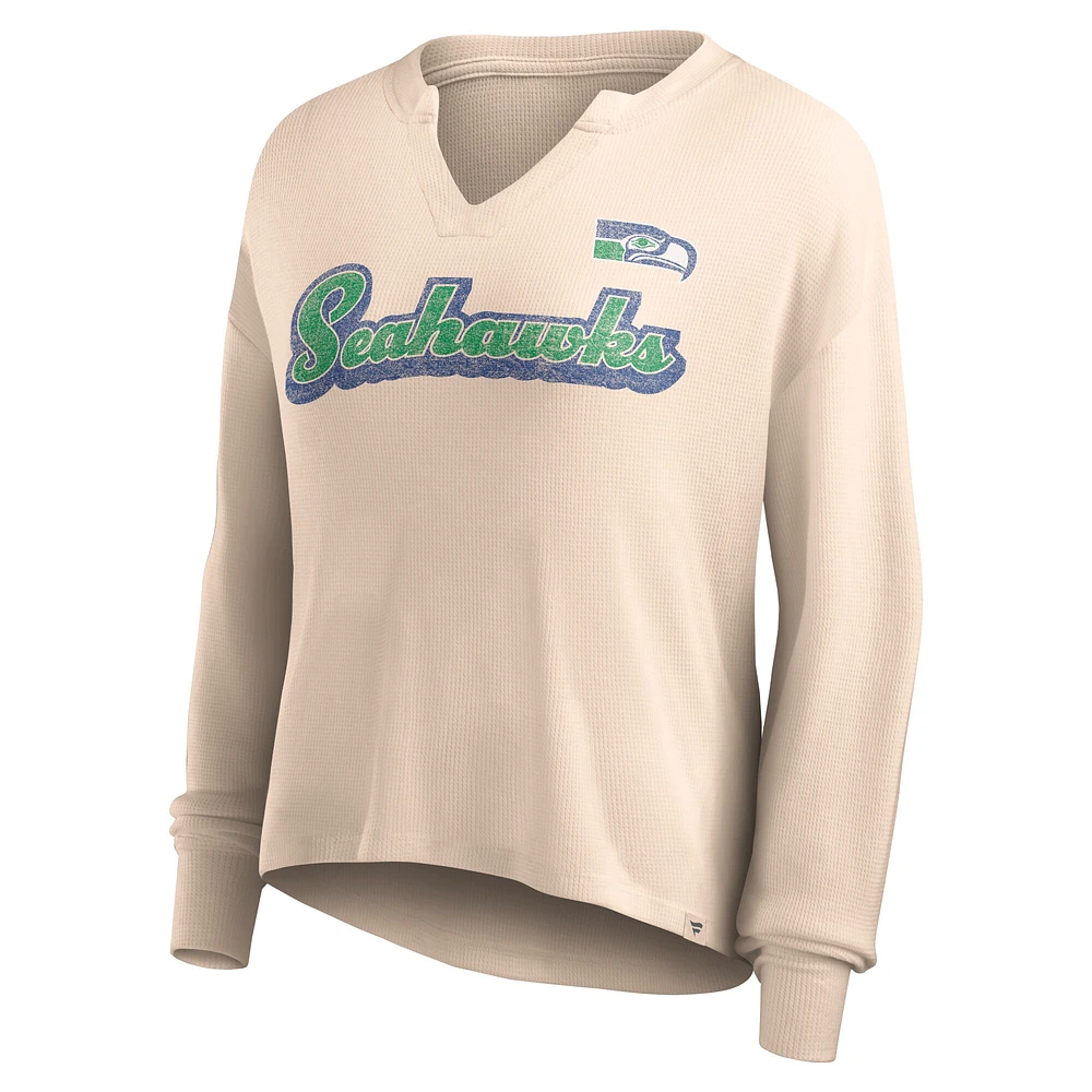 Women's Fanatics Tan Seattle Seahawks Go For It Notch Neck Waffle Knit Lightweight Long Sleeve T-Shirt