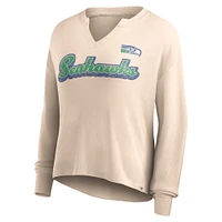 Women's Fanatics Tan Seattle Seahawks Go For It Notch Neck Waffle Knit Lightweight Long Sleeve T-Shirt