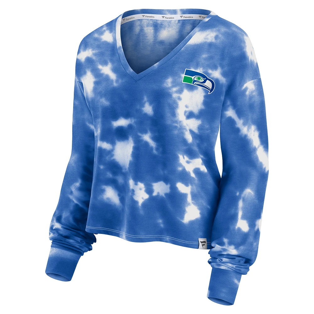Women's Fanatics White/Royal Seattle Seahawks Sport Resort Tie-Dye V-Neck Long Sleeve T-Shirt