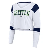 Women's Fanatics White Seattle Seahawks Stretch Cropped Long Sleeve V-Neck T-Shirt