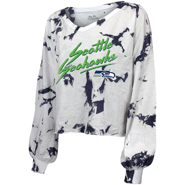 T-shirt court à manches longues et col en V pour femmes, Majestic Threads DK Metcalf, Seattle Seahawks, épaules dénudées, teinture par nouage, nom numéro
