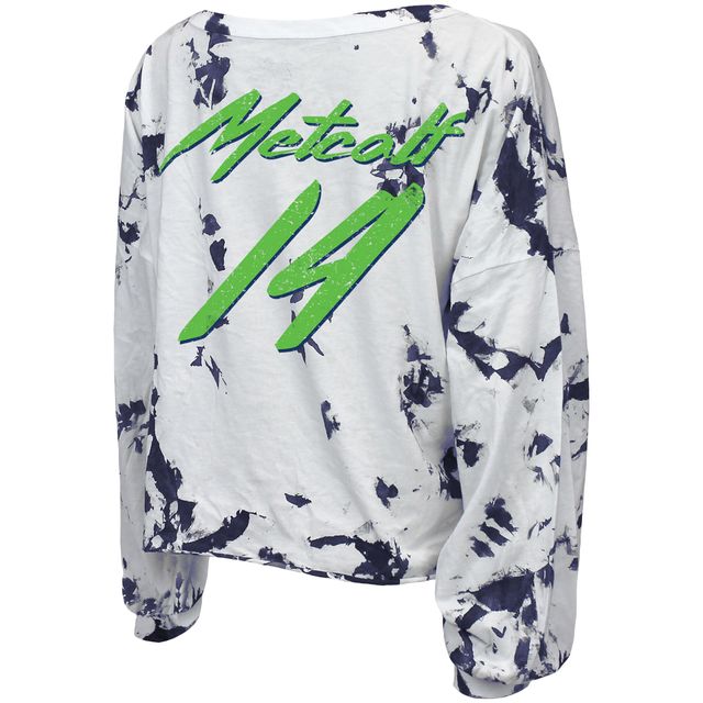 T-shirt court à manches longues et col en V pour femmes, Majestic Threads DK Metcalf, Seattle Seahawks, épaules dénudées, teinture par nouage, nom numéro
