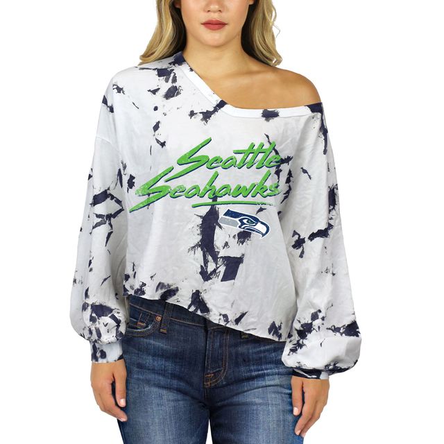 T-shirt court à manches longues et col en V pour femmes, Majestic Threads DK Metcalf, Seattle Seahawks, épaules dénudées, teinture par nouage, nom numéro