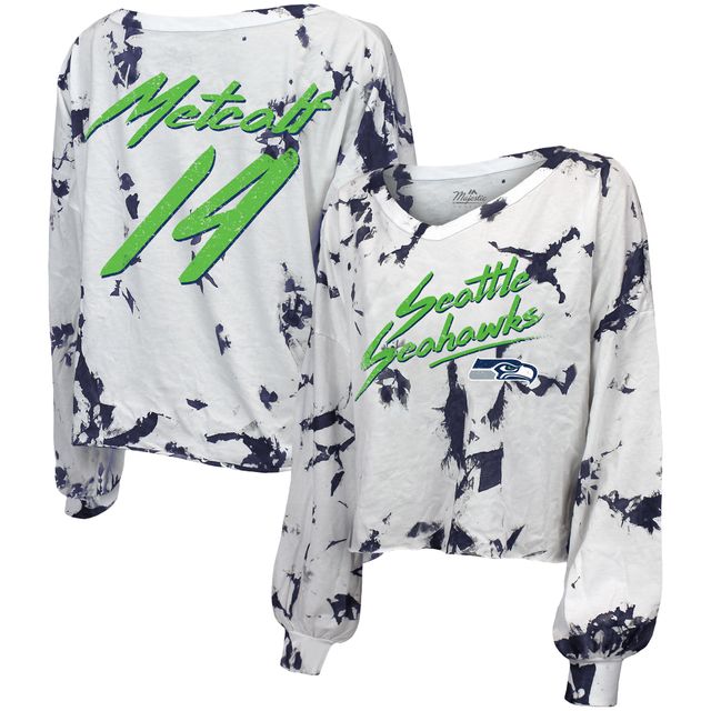 T-shirt court à manches longues et col en V pour femmes, Majestic Threads DK Metcalf, Seattle Seahawks, épaules dénudées, teinture par nouage, nom numéro