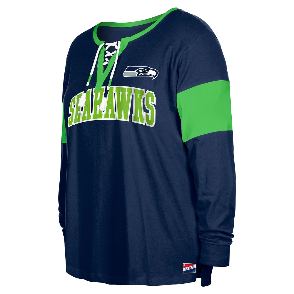 Women's New Era College Navy Seattle Seahawks Plus Lace-Up Notch Neck Long Sleeve T-Shirt