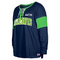 Women's New Era College Navy Seattle Seahawks Plus Lace-Up Notch Neck Long Sleeve T-Shirt