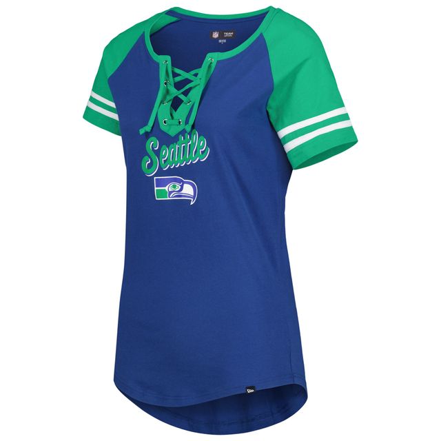 T-shirt raglan à lacets Seattle Seahawks Legacy New Era pour femme, bleu roi/vert
