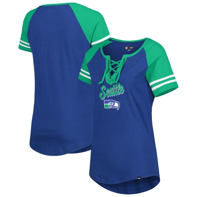 T-shirt raglan à lacets Seattle Seahawks Legacy New Era pour femme, bleu roi/vert