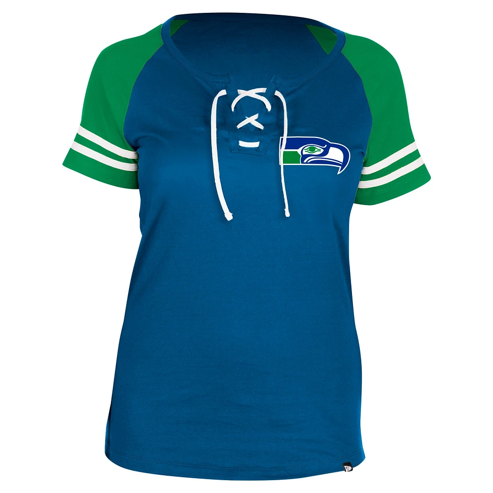 Women's New Era  Royal Seattle Seahawks Throwback Lace-Up Raglan T-Shirt