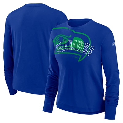 T-shirt à manches longues court et tendance avec logo superposé pour femme Nike Royal Seattle Seahawks