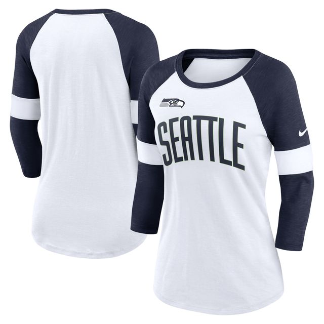 T-shirt à manches raglan 3/4 pour femme Nike Seattle Seahawks Football Pride - Blanc/Bleu marine universitaire