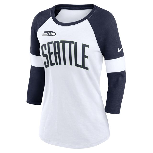 T-shirt à manches raglan 3/4 pour femme Nike Seattle Seahawks Football Pride - Blanc/Bleu marine universitaire