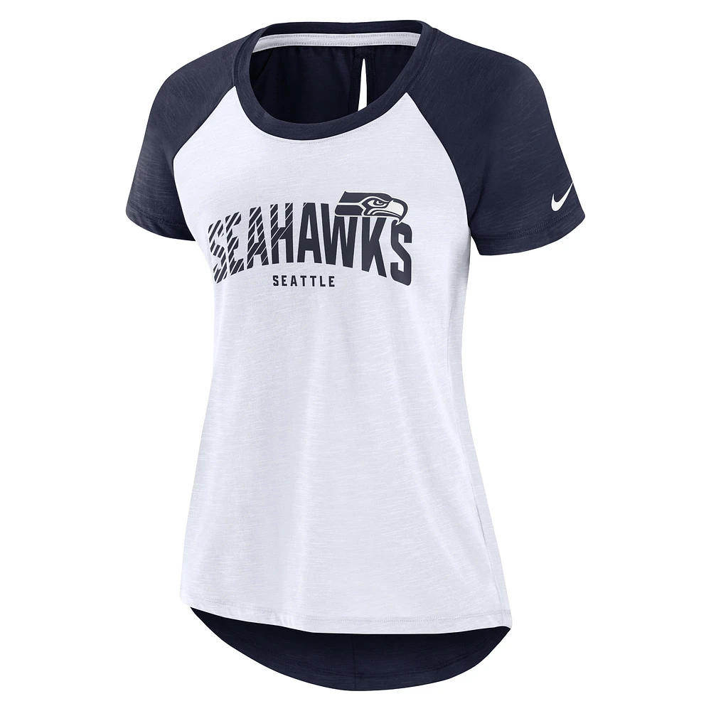T-shirt à manches raglan découpes dans le dos des Seahawks de Seattle Nike pour femme, blanc/bleu marine chiné