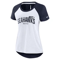 T-shirt à manches raglan découpes dans le dos des Seahawks de Seattle Nike pour femme, blanc/bleu marine chiné