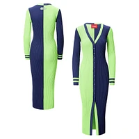 Women's STAUD Neon Green/Navy Seattle Seahawks Shoko Knit Button-Up Sweater Dress