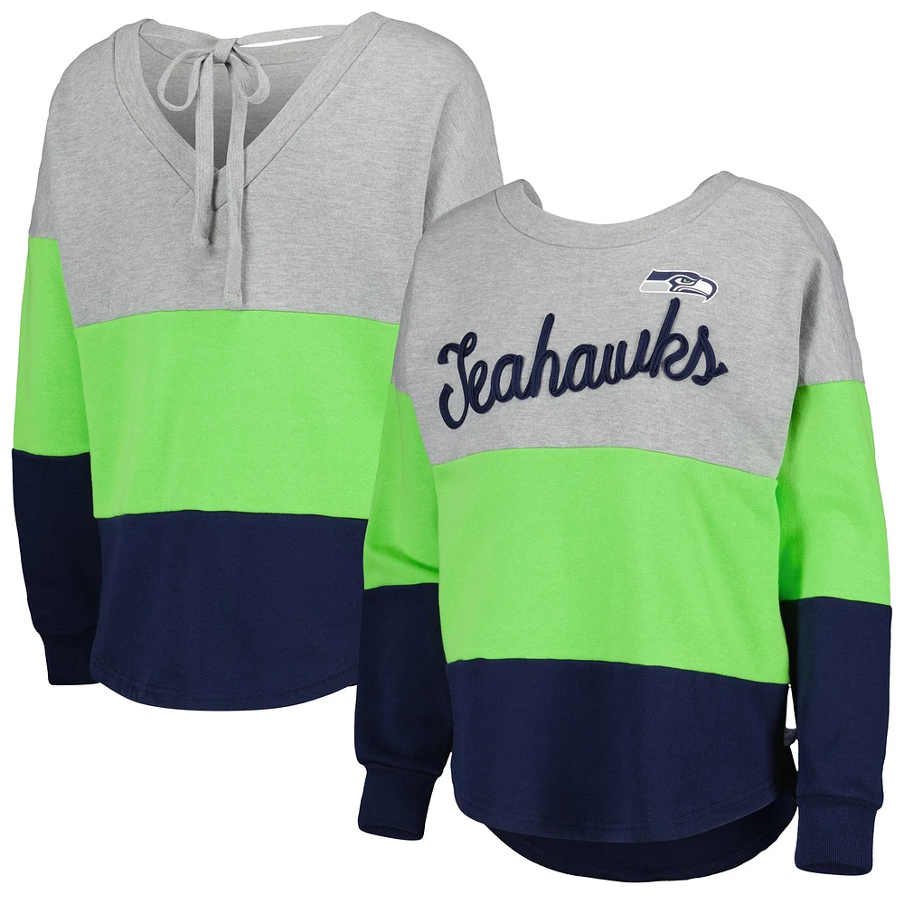 Sweat-shirt Touch Heather Grey/Navy Seattle Seahawks Outfield Deep V-Back Waist Length Pullover pour femme