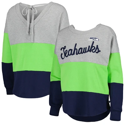 Sweat-shirt Touch Heather Grey/Navy Seattle Seahawks Outfield Deep V-Back Waist Length Pullover pour femme