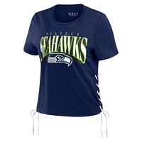Women's WEAR by Erin Andrews College Navy Seattle Seahawks Lace Up Side Modest Cropped T-Shirt