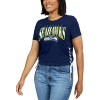 Women's WEAR by Erin Andrews College Navy Seattle Seahawks Lace Up Side Modest Cropped T-Shirt