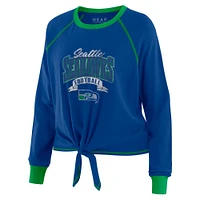 Women's WEAR by Erin Andrews Royal/Green Seattle Seahawks Tie-Front Long Sleeve Top