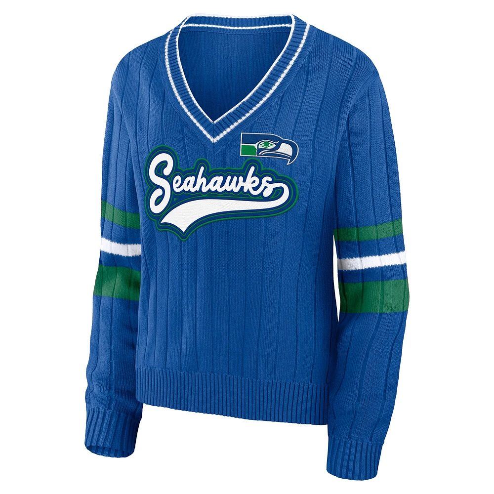 Women's WEAR by Erin Andrews Royal Seattle Seahawks Throwback V-Neck Sweater
