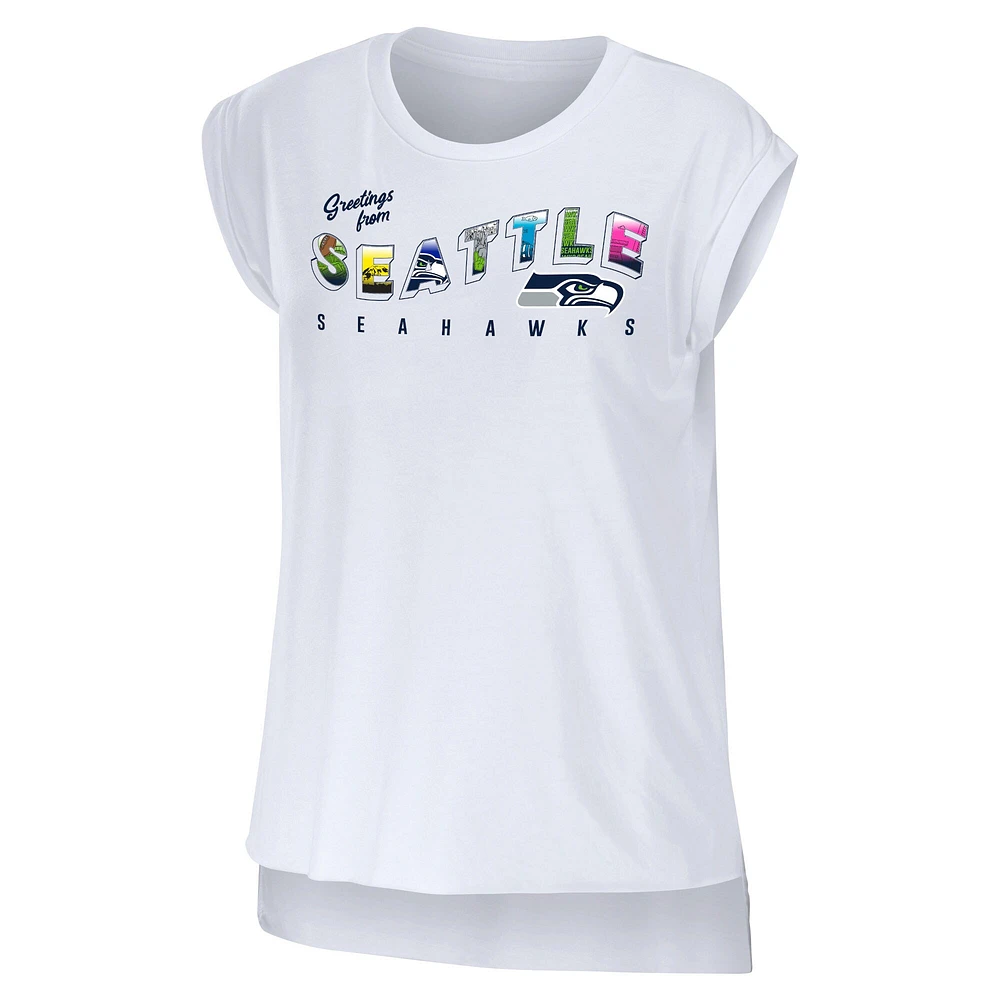 Women's WEAR by Erin Andrews White Seattle Seahawks Greetings From Muscle T-Shirt