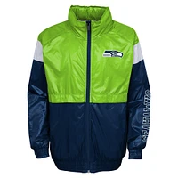 Youth Neon Green/College Navy Seattle Seahawks Goal Line Stance Full-Zip Hoodie Windbreaker