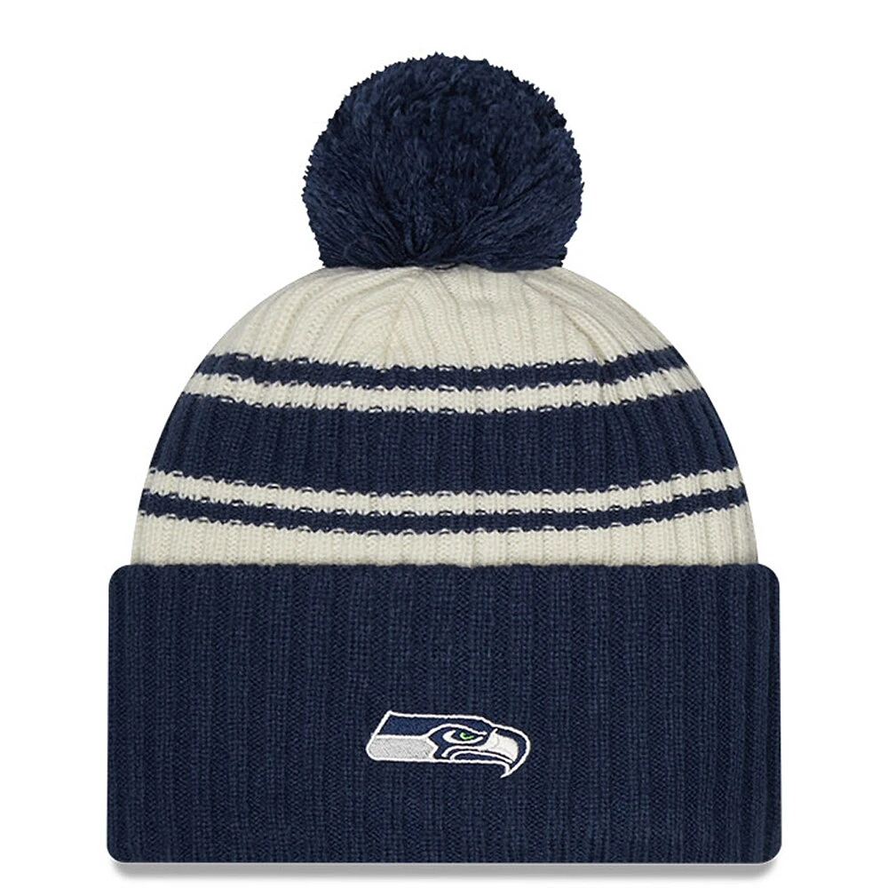 Youth New Era Cream/Navy Seattle Seahawks 2022 Sideline - Sport Cuffed Pom Knit Hat