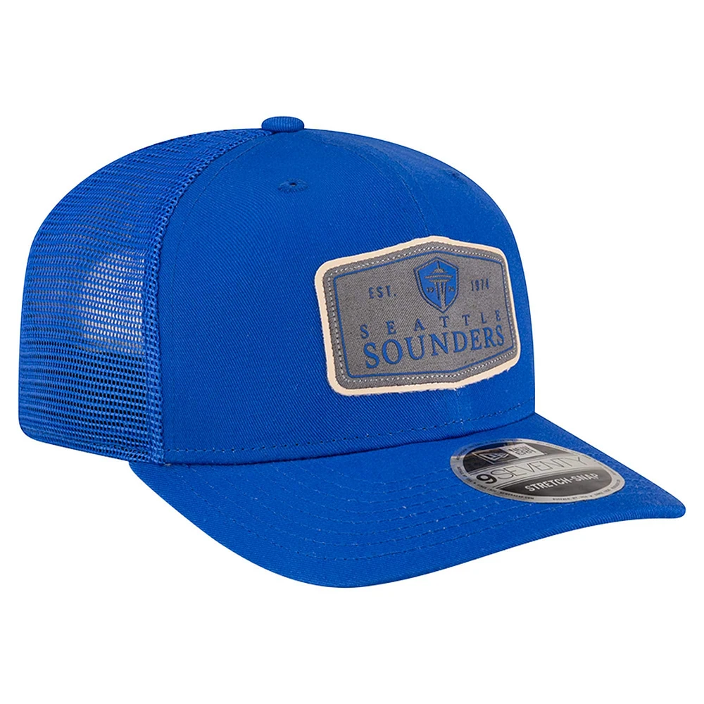 Men's New Era  Blue Seattle Sounders FC Labeled 9SEVENTY Trucker Stretch-Snap Adjustable Hat