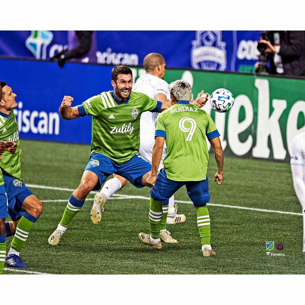 Raul Ruidiaz Seattle Sounders FC Unsigned 2020 MLS Cup Western Conference Finals Champions Goal Celebration with Will Bruin Photograph