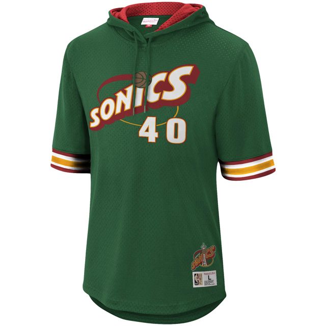 Sweat à capuche manches courtes pour hommes Mitchell & Ness Shawn Kemp vert Seattle SuperSonics Mesh Hardwood Classics nom et numéro