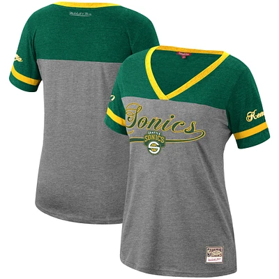 Mitchell & Ness Shawn Kemp Heathered Charcoal Seattle SuperSonics Team Captain T-shirt à col en V pour femme