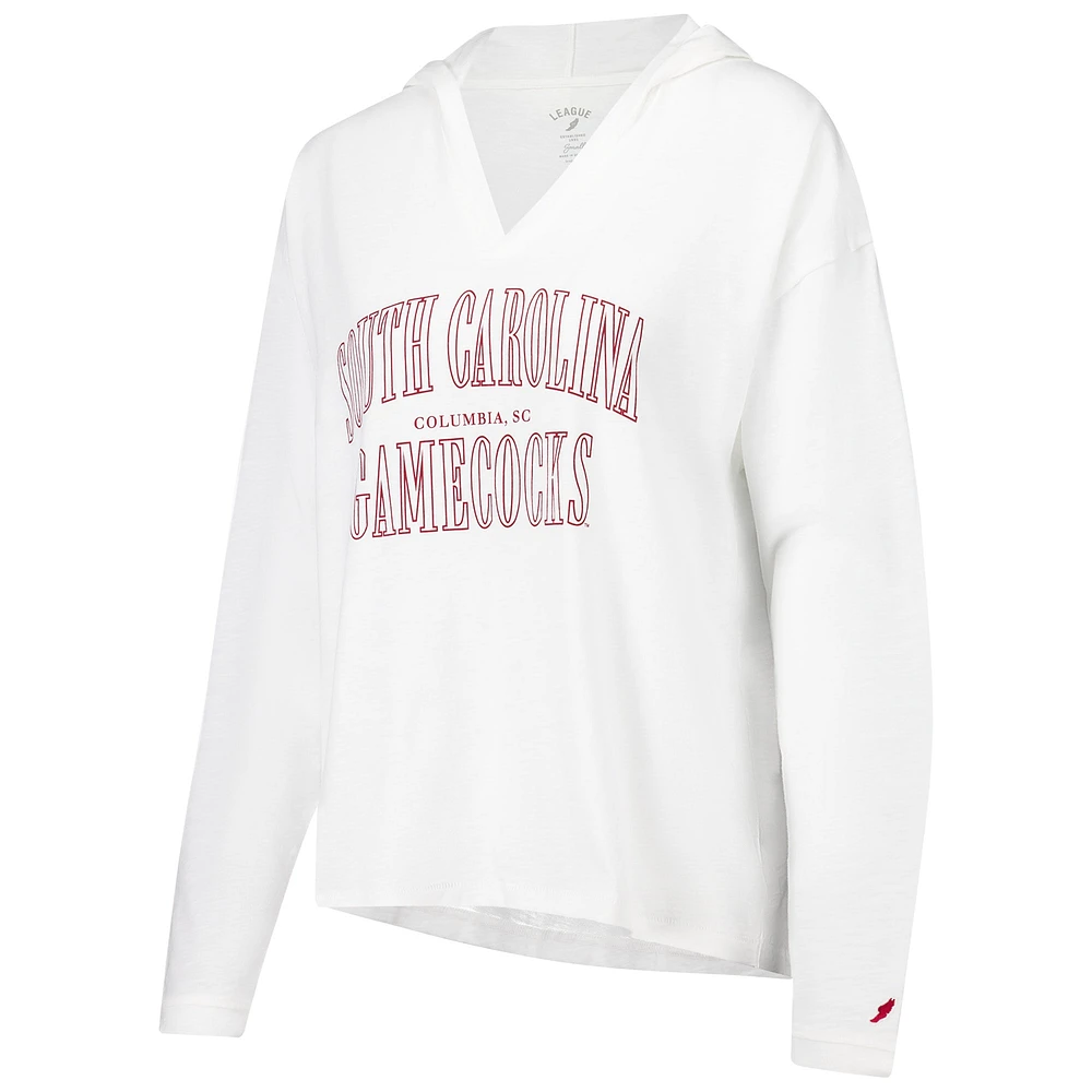 Women's League Collegiate Wear White South Carolina Gamecocks Slub Long Sleeve V-Neck Hoodie T-Shirt