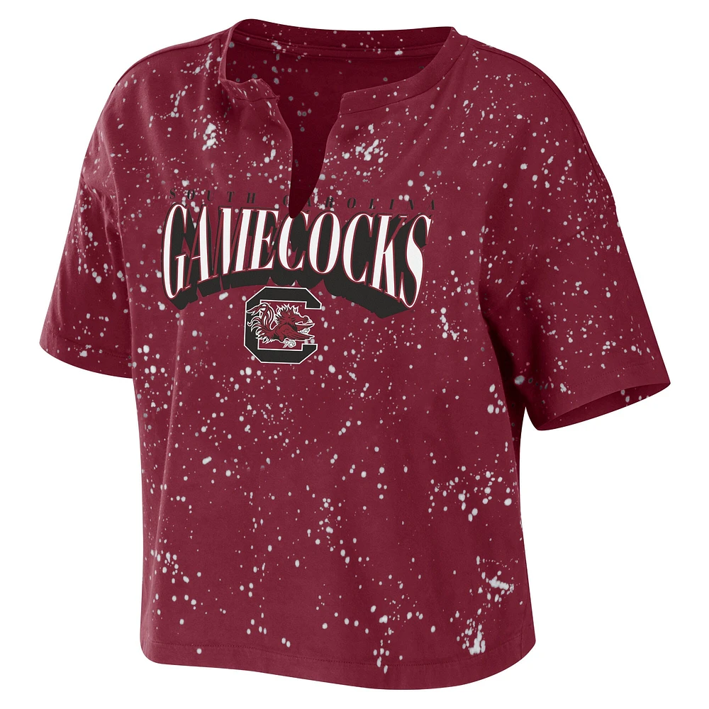 Women's WEAR by Erin Andrews Garnet South Carolina Gamecocks Bleach Wash Splatter Cropped Notch Neck T-Shirt