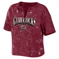 Women's WEAR by Erin Andrews Garnet South Carolina Gamecocks Bleach Wash Splatter Cropped Notch Neck T-Shirt
