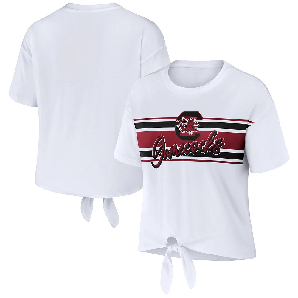 WEAR by Erin Andrews - T-shirt court rayé avec nœud sur le devant des Gamecocks de Caroline du Sud, blanc