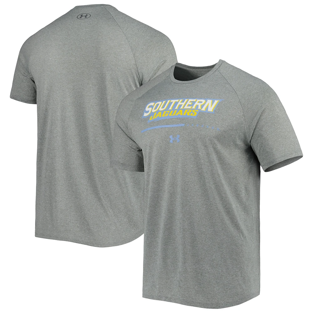 T-shirt à manches raglan Under Armour gris chiné Southern University Jaguars Tech Performance pour homme