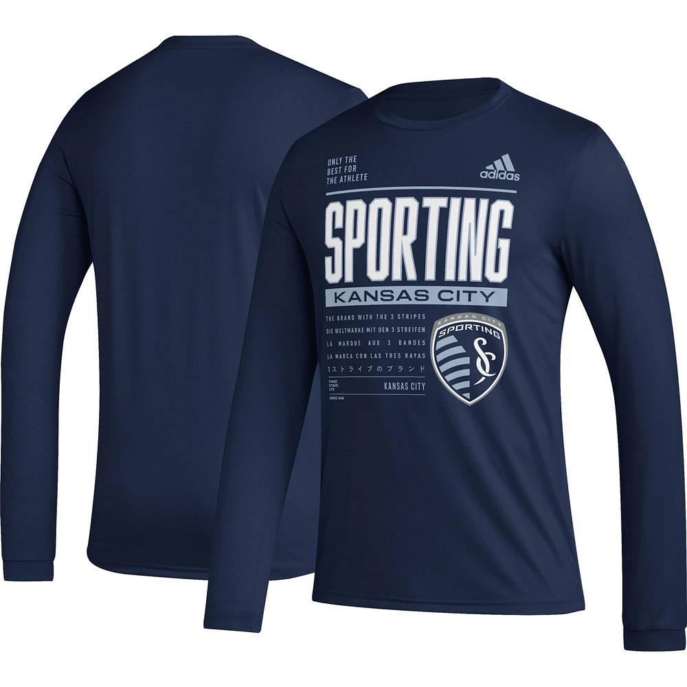 T-shirt à manches longues adidas Sporting Kansas City 2023 Club DNA AEROREADY pour homme, bleu marine
