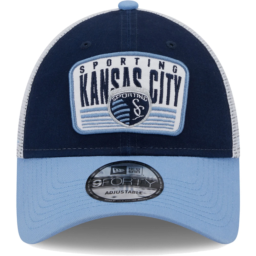 Men's New Era Navy/Light Blue Sporting Kansas City Patch 9FORTY Trucker Snapback Hat