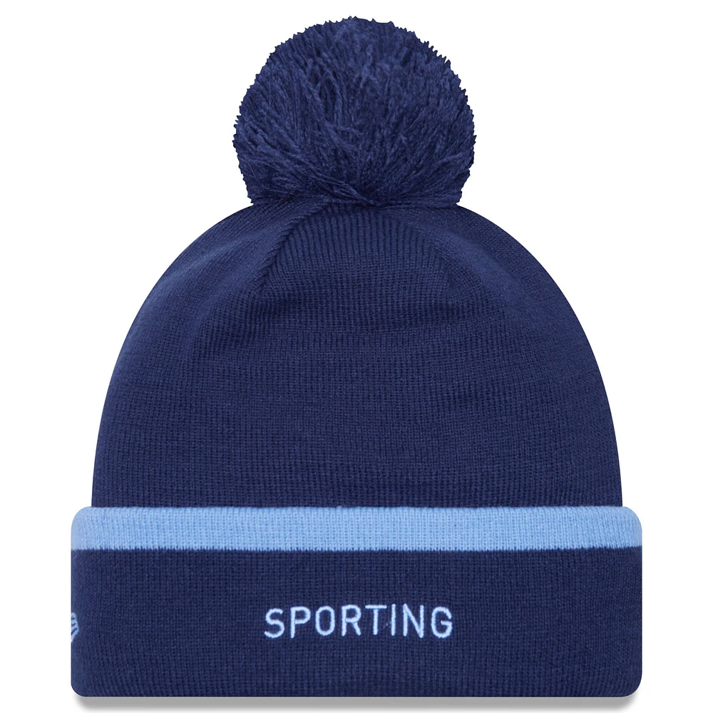 Men's New Era Navy Sporting Kansas City Wordmark Kick Off Cuffed Knit Hat with Pom