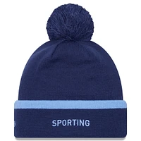 Men's New Era Navy Sporting Kansas City Wordmark Kick Off Cuffed Knit Hat with Pom