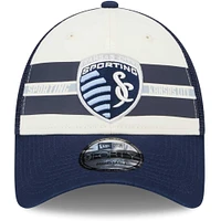 Men's New Era White/Navy Sporting Kansas City Team Stripes 9FORTY Trucker Snapback Hat