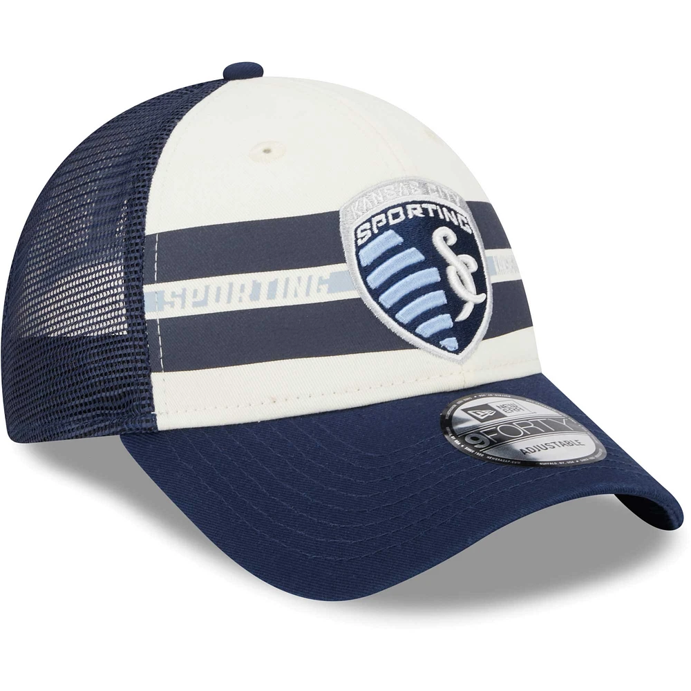 Men's New Era White/Navy Sporting Kansas City Team Stripes 9FORTY Trucker Snapback Hat