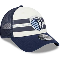 Men's New Era White/Navy Sporting Kansas City Team Stripes 9FORTY Trucker Snapback Hat
